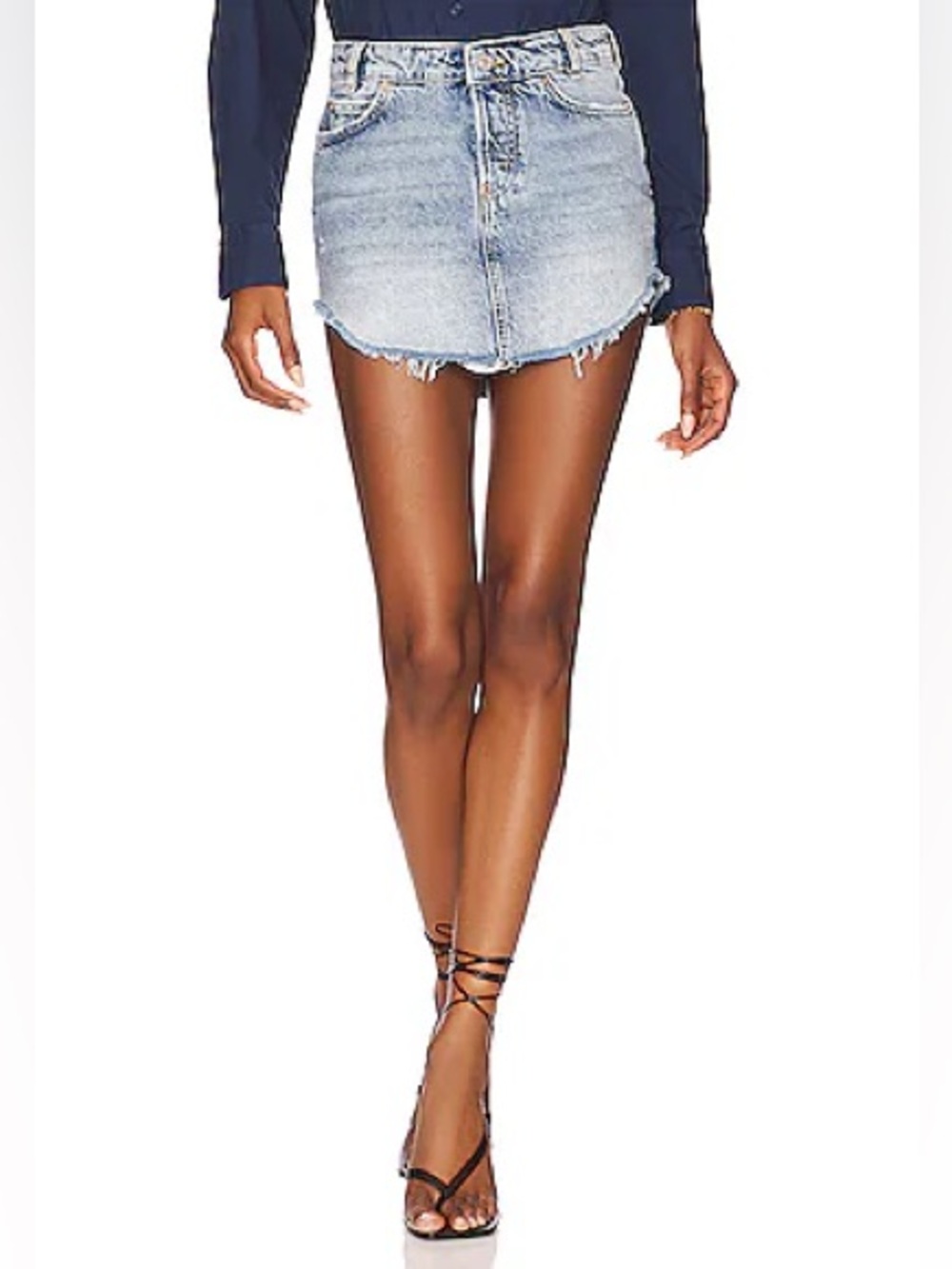 We The Free FP Sky High Western Mini Skirt Denim Jean Raw Asymmetrical Hem- 0 - Picture 4 of 16